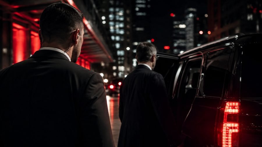 Close-protection officer escorting a VIP to a luxury vehicle